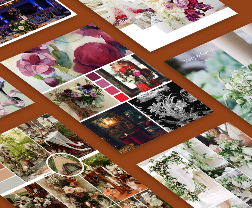 Image board on desk surrounded with greenery.